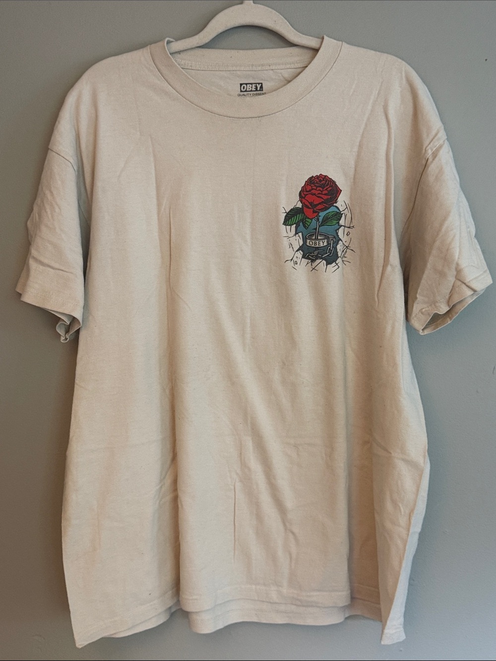 Obey Cream T-Shirt with Red Rose Chest Graphic